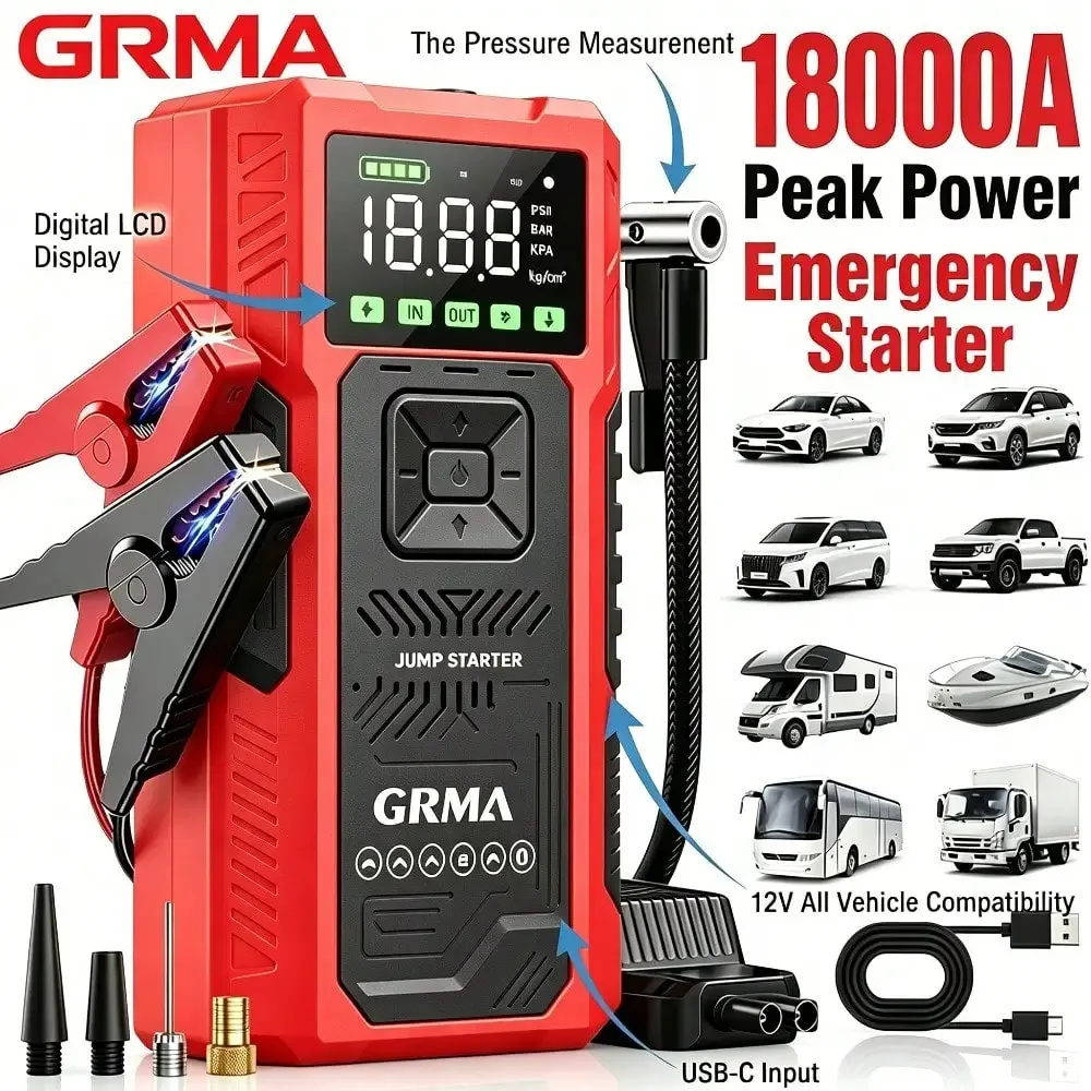 18000A Emergency Starting Power Supply, 12V Portable Car Emergency Starter, 200PSI Car Emergency Starting Power Supply With An Inflation Pump, Starting Power Supply Kit, Automotive Accessories Tools, LED Lights, Battery Charger