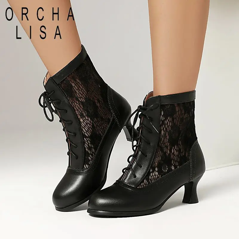 

ORCHA LISAFashion женские летние ботинки с круглым носком на каблуке 6,5 см, большой размер 41, 42, 43, дышащий ремешок на шнуровке
