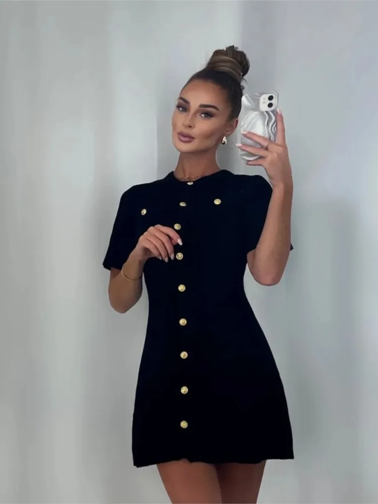 Solid Color Elegant Knitted Mini Dress For Women Metal Button Sexy Slim Rib Sweater Dress Holiday Party Outfits Spring 2024 New