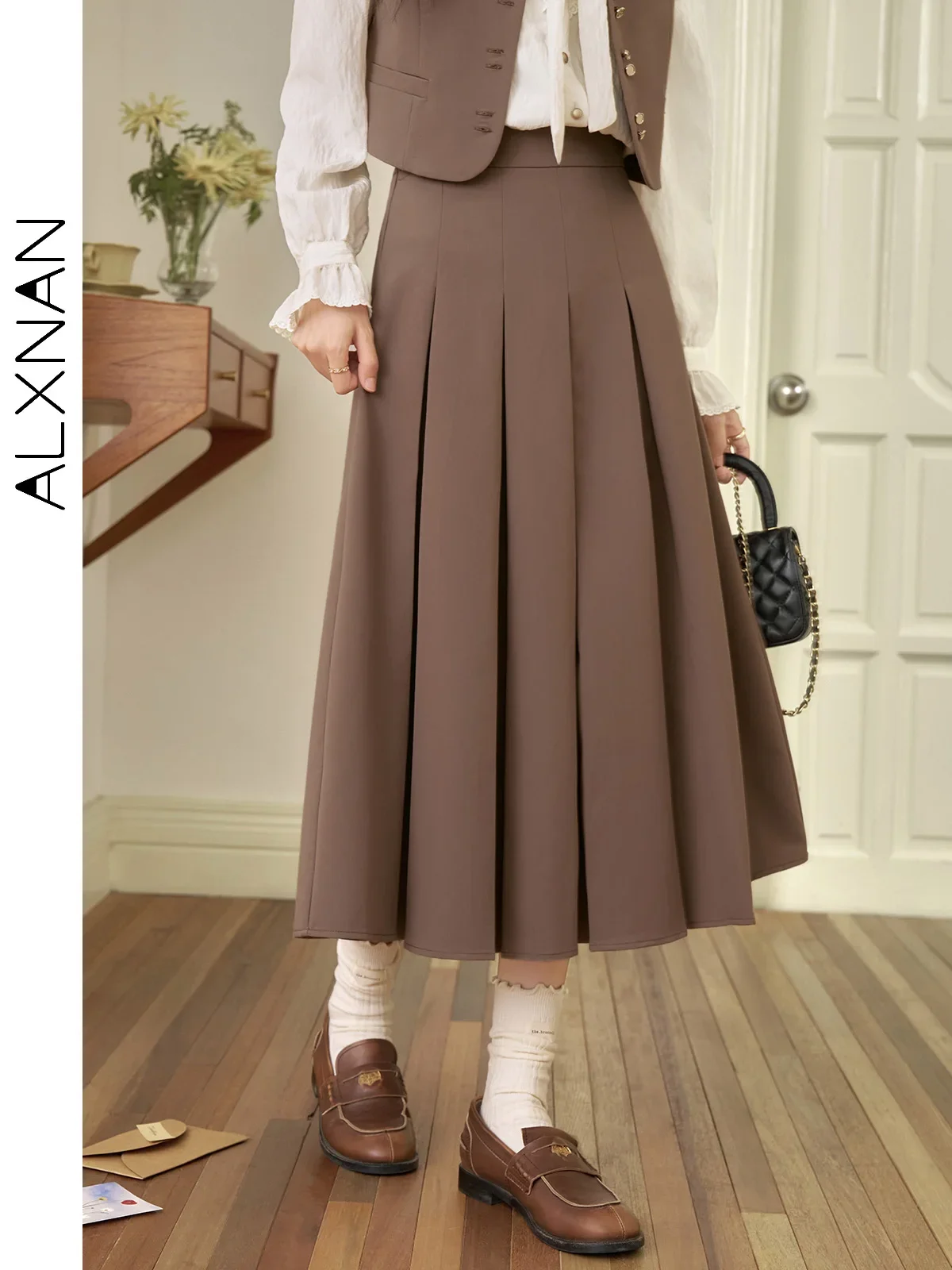 ALXNAN-falda acampanada Preppy para mujer, falda Midi plisada de cintura alta, color café liso Simple, pantalones de Otoño Invierno 2024 para mujer L39729BSQ