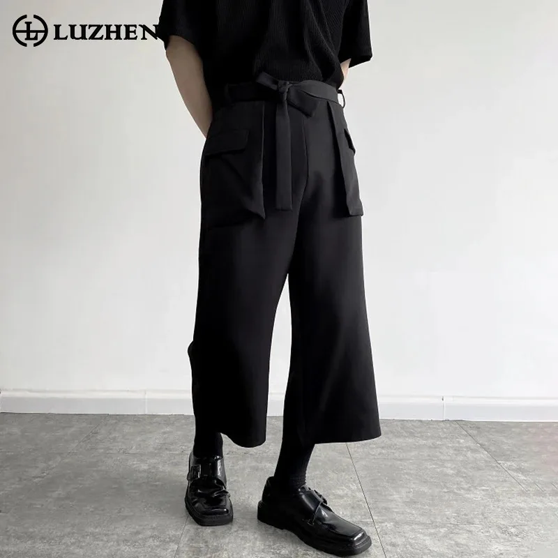 

LUZHEN Splicing Pockets Belt Decorate Design Fashion Seven-point Pants Original Trendy Men's Street 2024 Spring Trousers LZ3551