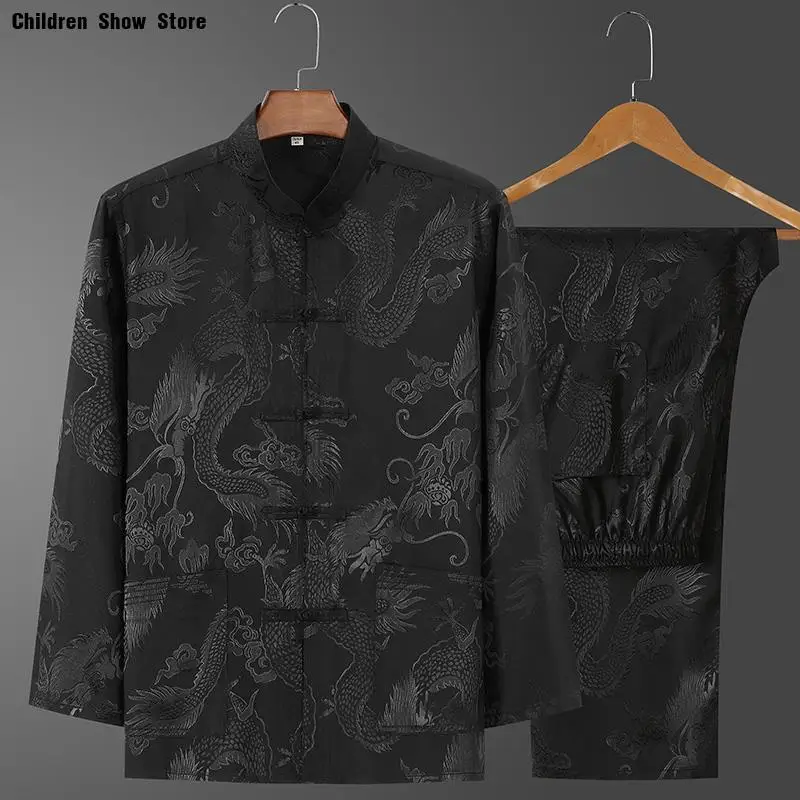 

Chinese Silk Satin Dragon Hanfu Set Tangclothes Male Retro Tang Suit Long Sleeve Tai Chi Clothes Men's Hanfu Fu Cheongsam Shirt