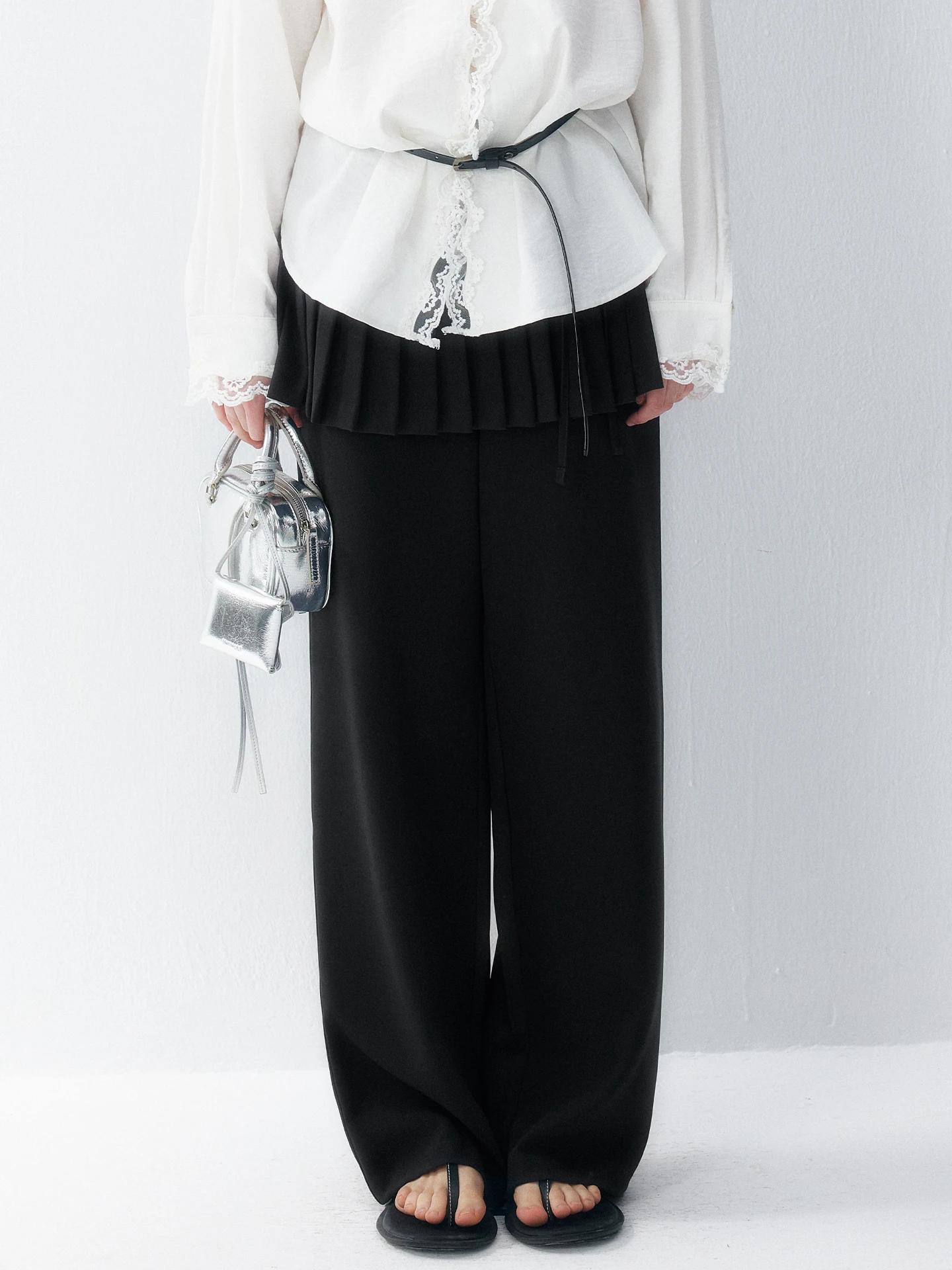  plus Size Black Asymmetrical Pleated Pants Women's Spring Summer Drapey Slimming Skirt Pants High Waist Straight Leg