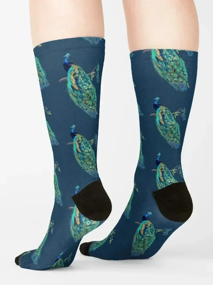 Vintage Peacock, Blue+Gold Socks bright garter winter cool Crossfit Woman Socks Men's