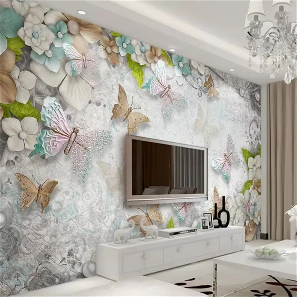 Custom wallpaper 3d gorgeous Mediterranean butterfly flower pearl living room TV Background Relief flower wallpapers home decor