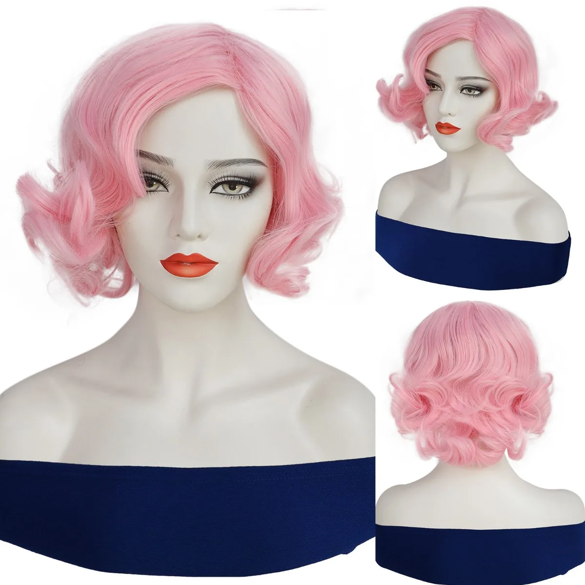 Anxin Brand Synthetic Fiber Wigs: Retro Short Wavy Hairstyle, Soft and Curly Hair Strands with a Natural, Fluffy Texture, Available in Multiple Colors Such as Pink/Green; Made from High-Quality Synthetic Fiber Material, Comfortable to Wear and Easy to Manage; a Fashionable Item Suitable for Adult Women's Retro-Themed Outfits, Eye-Catching Party Styles, and Gentle Everyday Wear