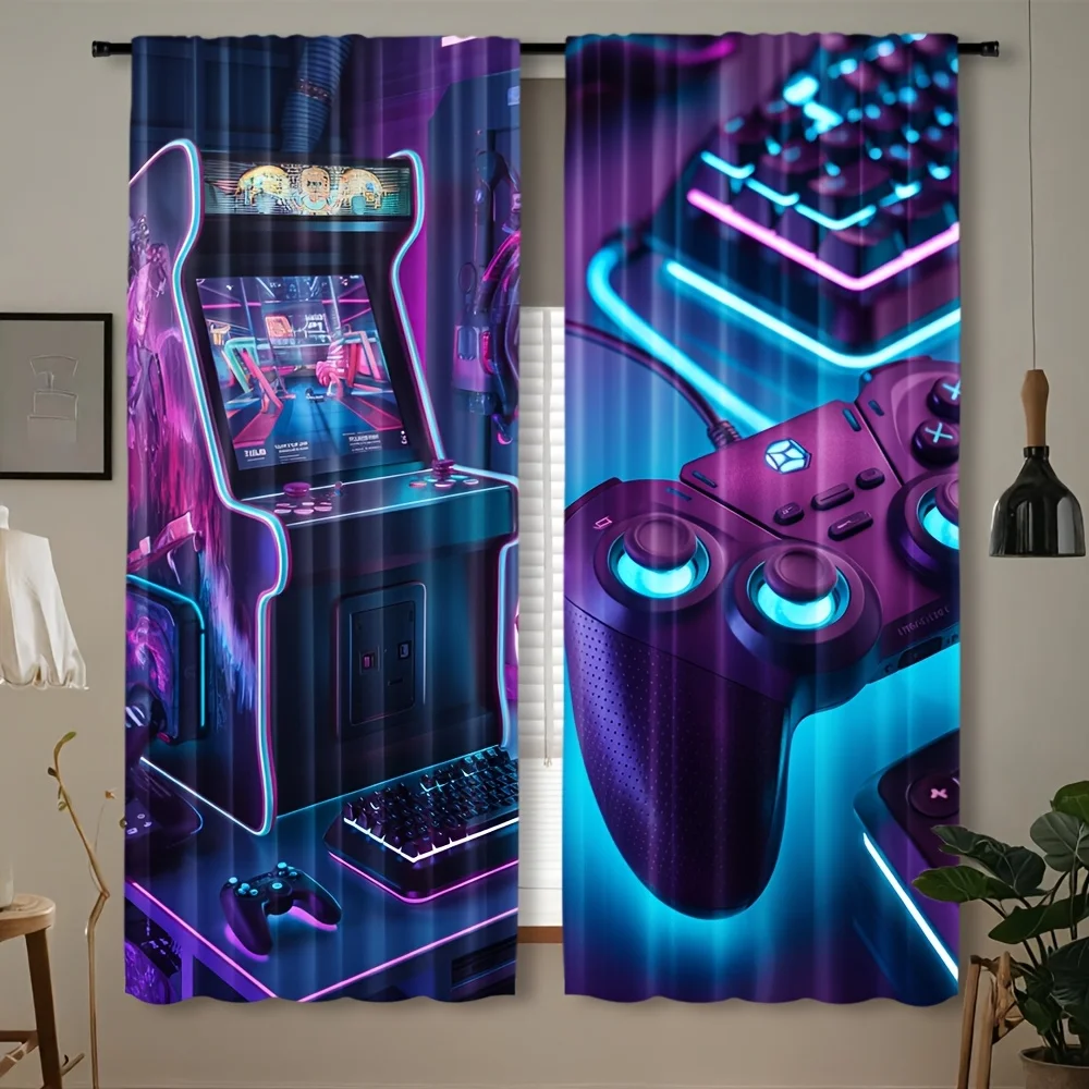 Retro Arcade Curtain, Neon Game Controller Window Drape, Cyberpunk Gamer Blackout Panel, Boys Bedroom Man Cave Decor