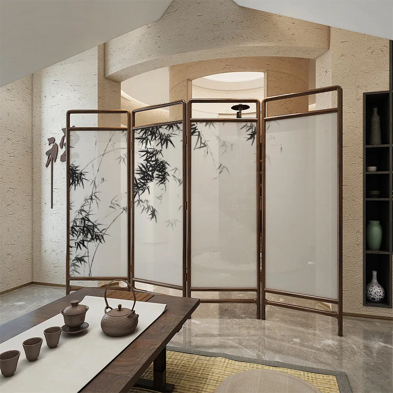 New Chinese screen partition entrance porch blocking tea room sofa foldable mobile solid wood bamboo curved folding screen