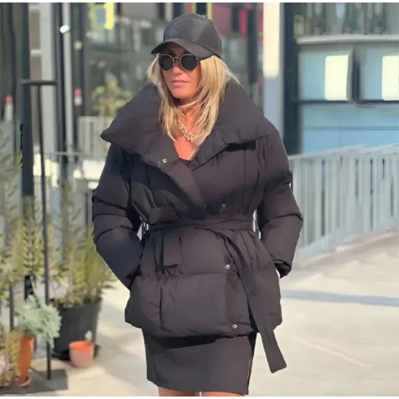 Women Solid Lapel Collar Belted Puffer  JacketLong Sleeve Loose Waist‑tied Warm Winter Thick Casual Lady Chic Commute Outerwear