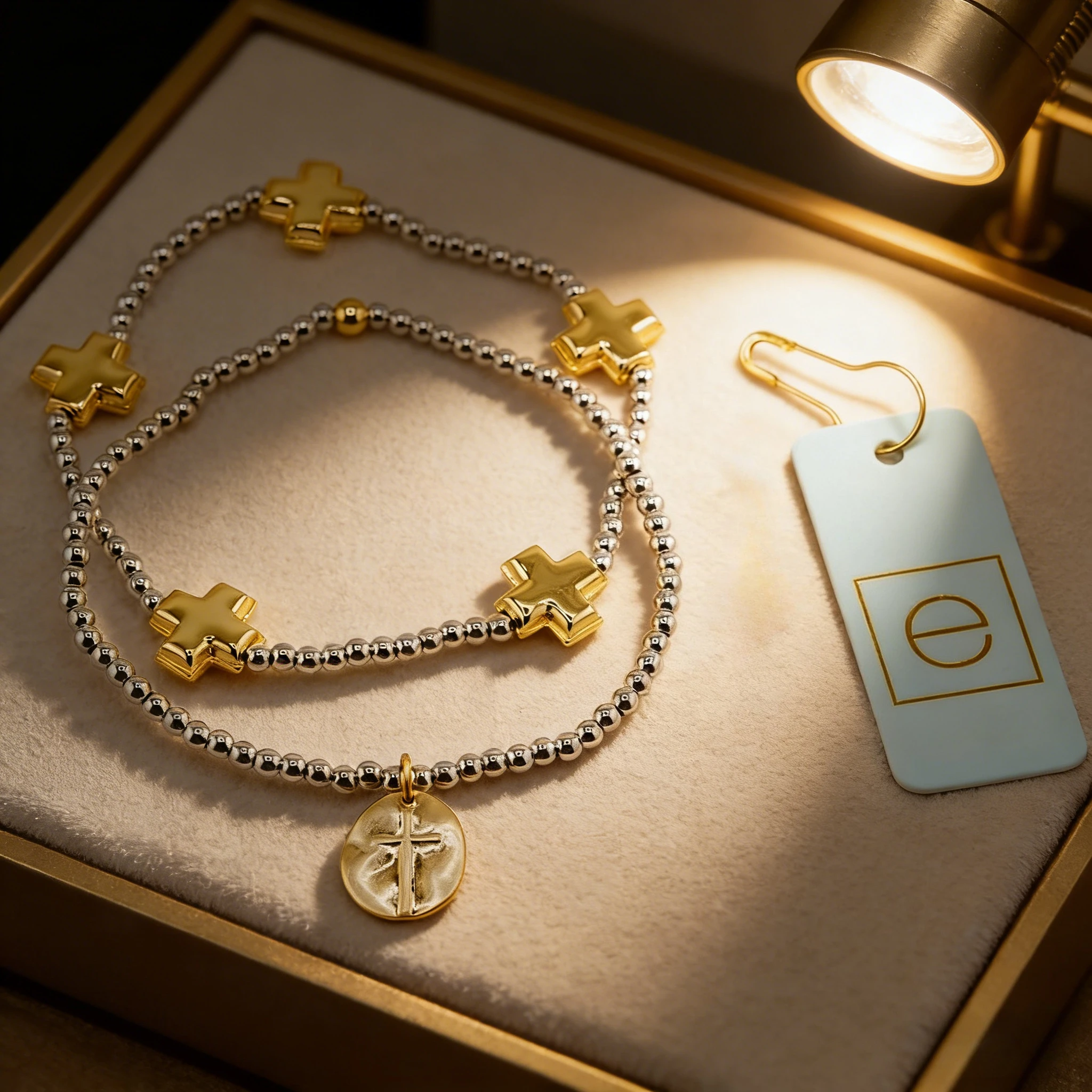 

YEEVAA 2pcs Cross Beaded Stackable Bracelet Set - Two Tone Silver & Gold Layered Bracelets Religious Fashion Jewelry