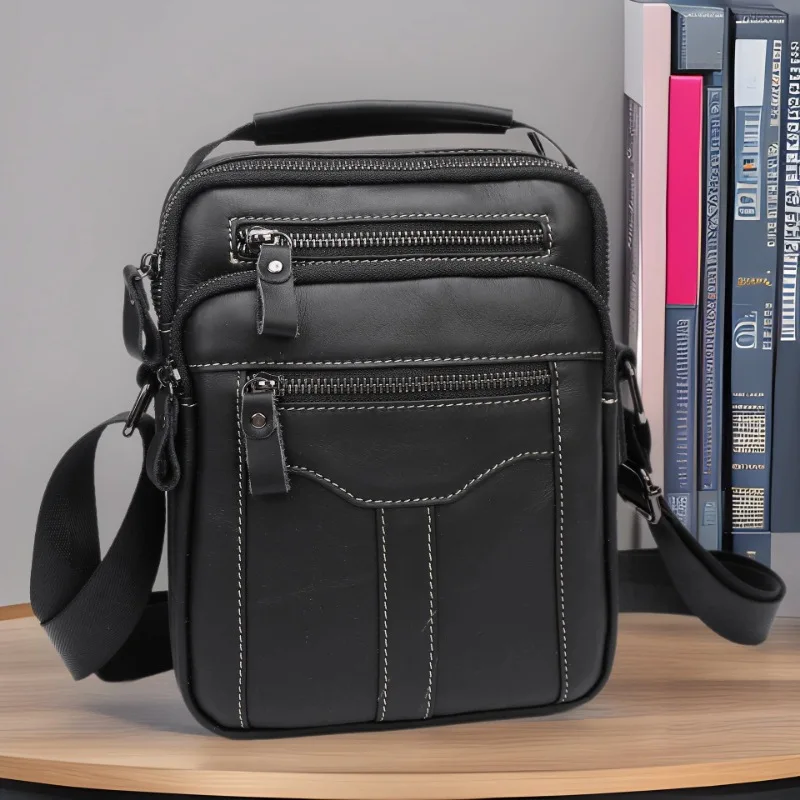 Men's Full-Grain Cowhide Business Crossbody Bag Multi-Compartment Anti-Theft Messenger Bag