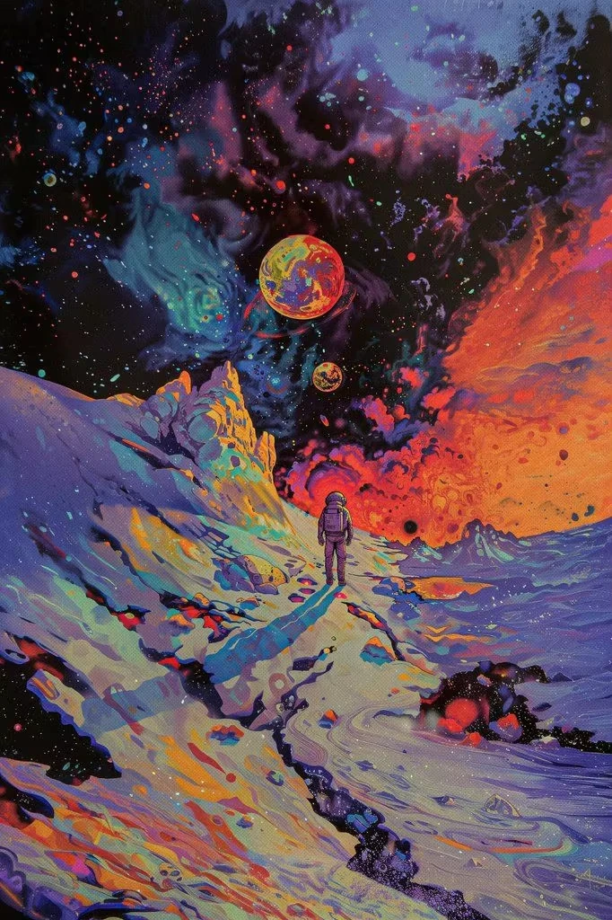 

Lone Figure Beach Colorful Planet Jigsaw Puzzle, Swirl Rainbow Seaside Abstract Starry Sky Surreal Landscape Wall Decor Gift