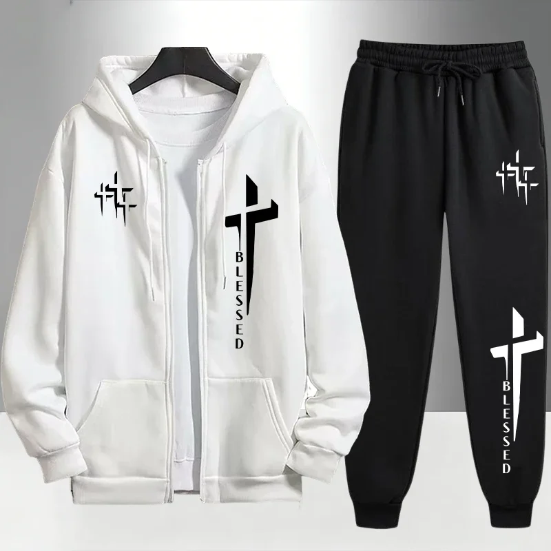 Immagine 4: Tuta da uomo con stampa Cross Blessed, felpa con cappuccio e zip e pantaloni neri, set casual urbano alla moda