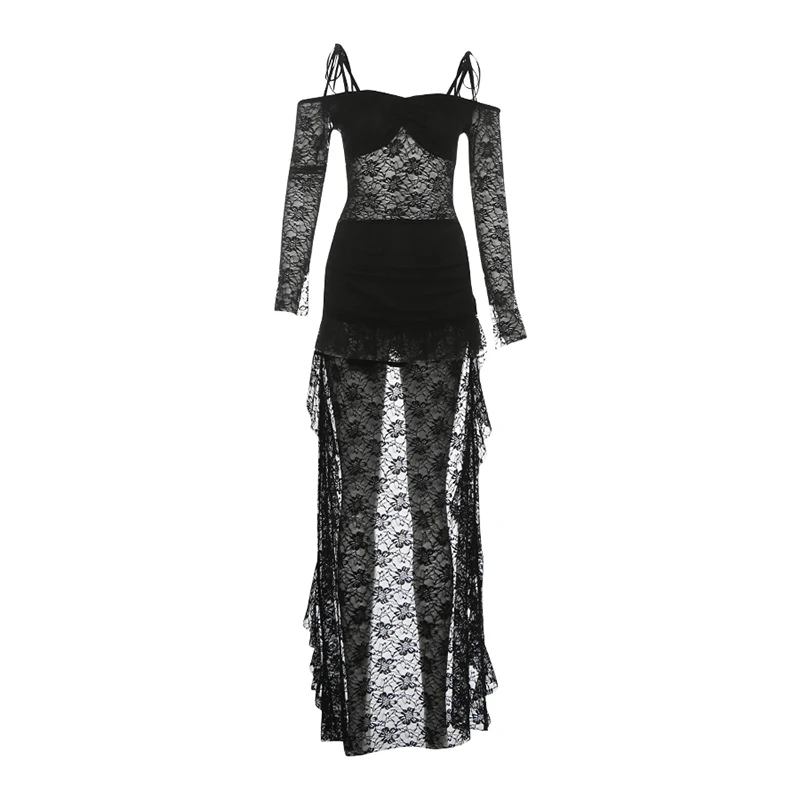 القوطية الظلام الكروشيه الدانتيل الربط غير النظامية طويلة الأكمام فستان المرأة 2025 الخريف جديد الحلو كول مثير فساتين بلا أكمام السيدات #5
