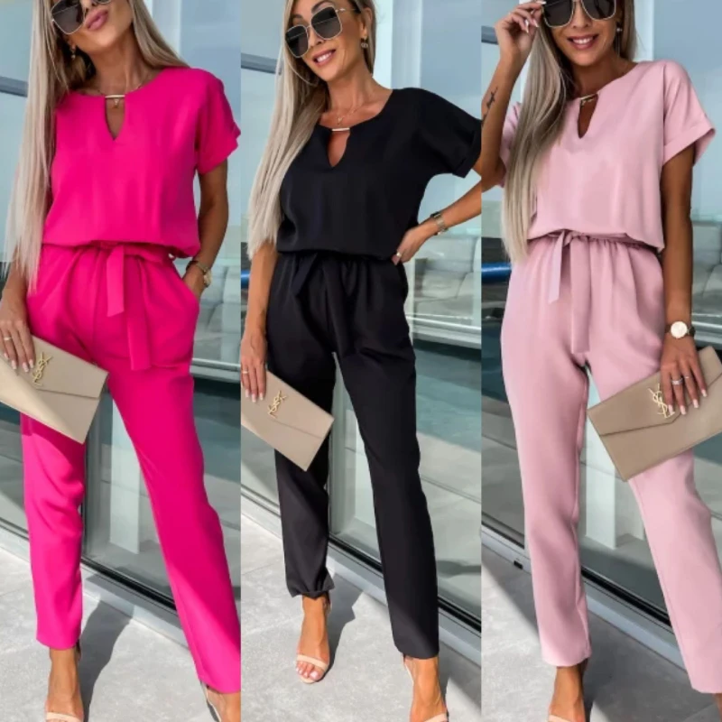 

Summer Short Sleeve Hollow Out V-neck Elastic Waist Female Overalls with Belt Lady Ankle-length Pencil Pants Jump Suit for Women