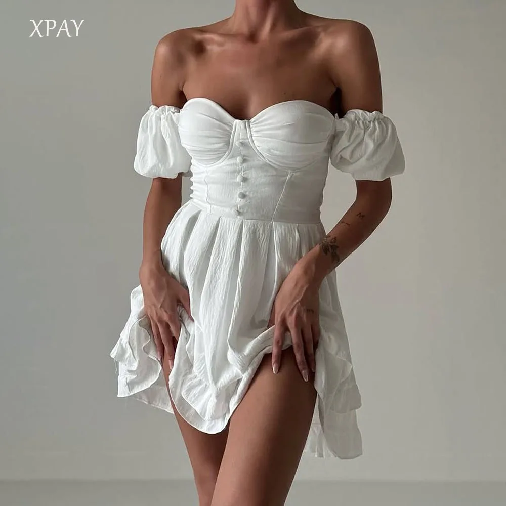 

XPAY Simple Sweetheart Collar A-line Mini-Length Wedding Party Dresses Button Puff Sleeves Short Bride Gown Customized New dress