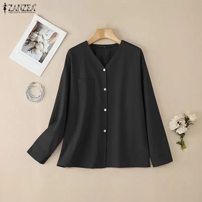 

2026 ZANZEA Spring Fashion Shirt Women V Neck Long Sleeve Blouse Casual Solid Buttons Up Tops Female OL Work Blouses Oversize