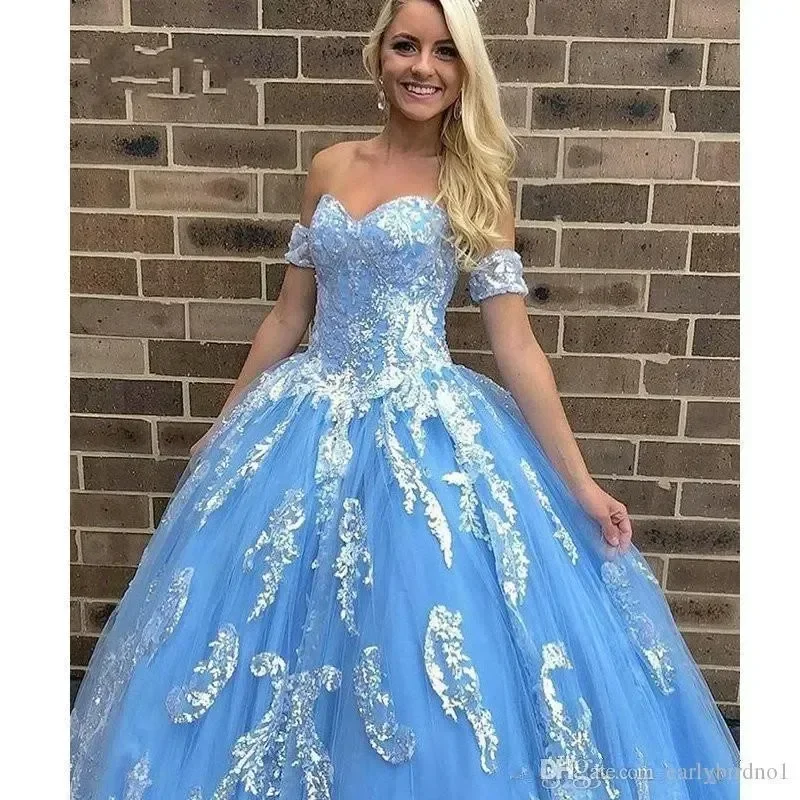 Schillerndes himmelblaues Ballkleid vestidos de 15 anos Spitzen applikationen Tüll formelles Party kleid Mädchen Quince anera Kleider nach Maß