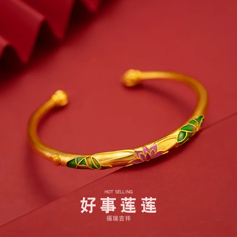 

Women's 9999 24K Real Gold Vintage Style Lotus Bangle Exquisite Thickened Gold Women's Ethnic Lotus Bracelet Bangles