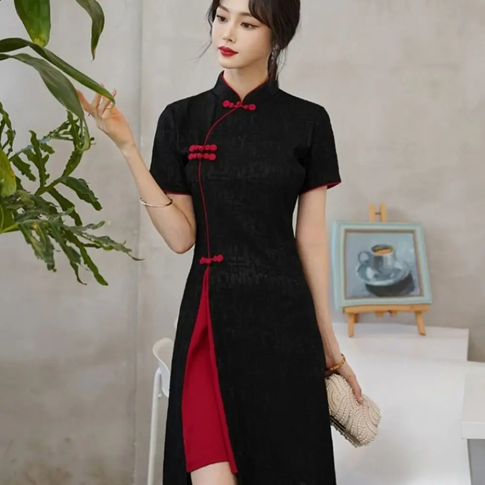 

Stand Collar Short Sleeve Qipao Dress Long Fork Vintage Traditional Chinese Dress Elegant China-Chic Cheongsam Women
