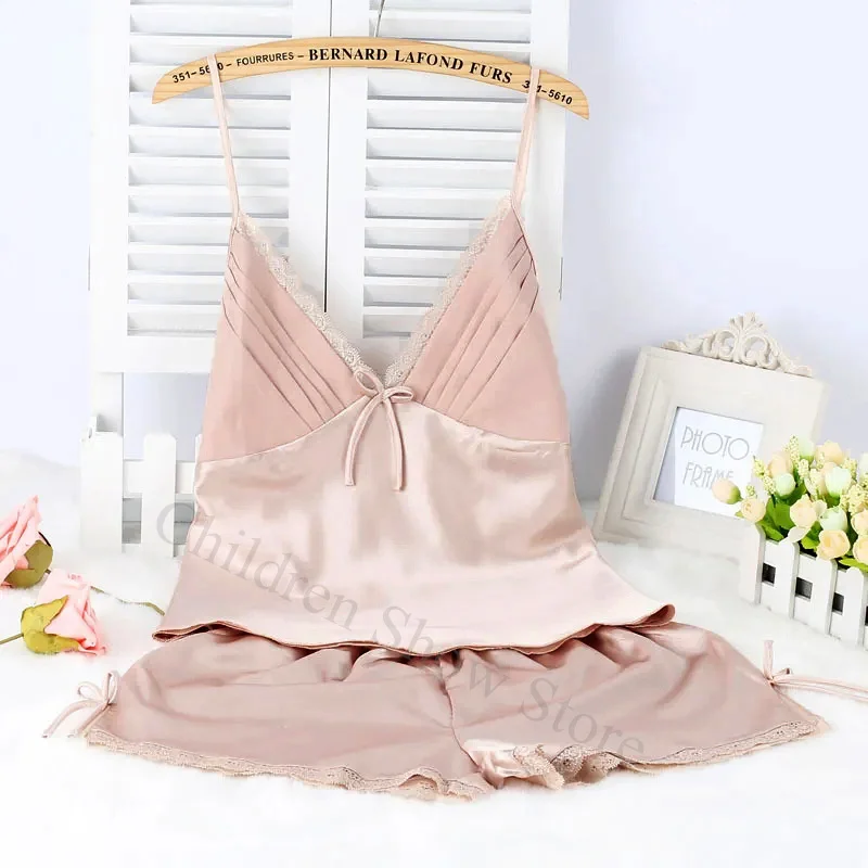 2024 New Strap Top&shorts Sexy Lace Trim Pyjamas Nightwear Women Satin Loungewear Backless Pajamas 2Pcs Lingerie Home Clothes