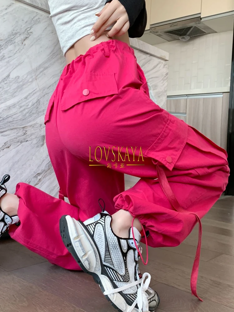 Dopamine American cargo pants women's rose red leggings wide-leg pants hiphop jazz dancing pants sweatpants