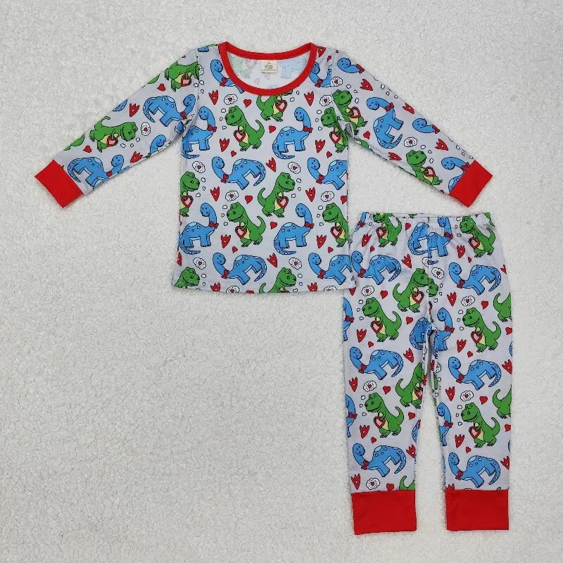 10.21y Valentine's Day baby boys' pajamas set wholesale bamboo heart dinosaur gray and red long sleeve trousers set