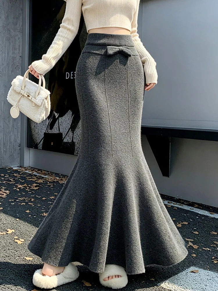 Women Sexy Long Black Mermaid Skirts 2026 Autumn Winter Thick Knitted Mid Length Wrap Skirt Elegant Korean Bow Streetwear Skirt