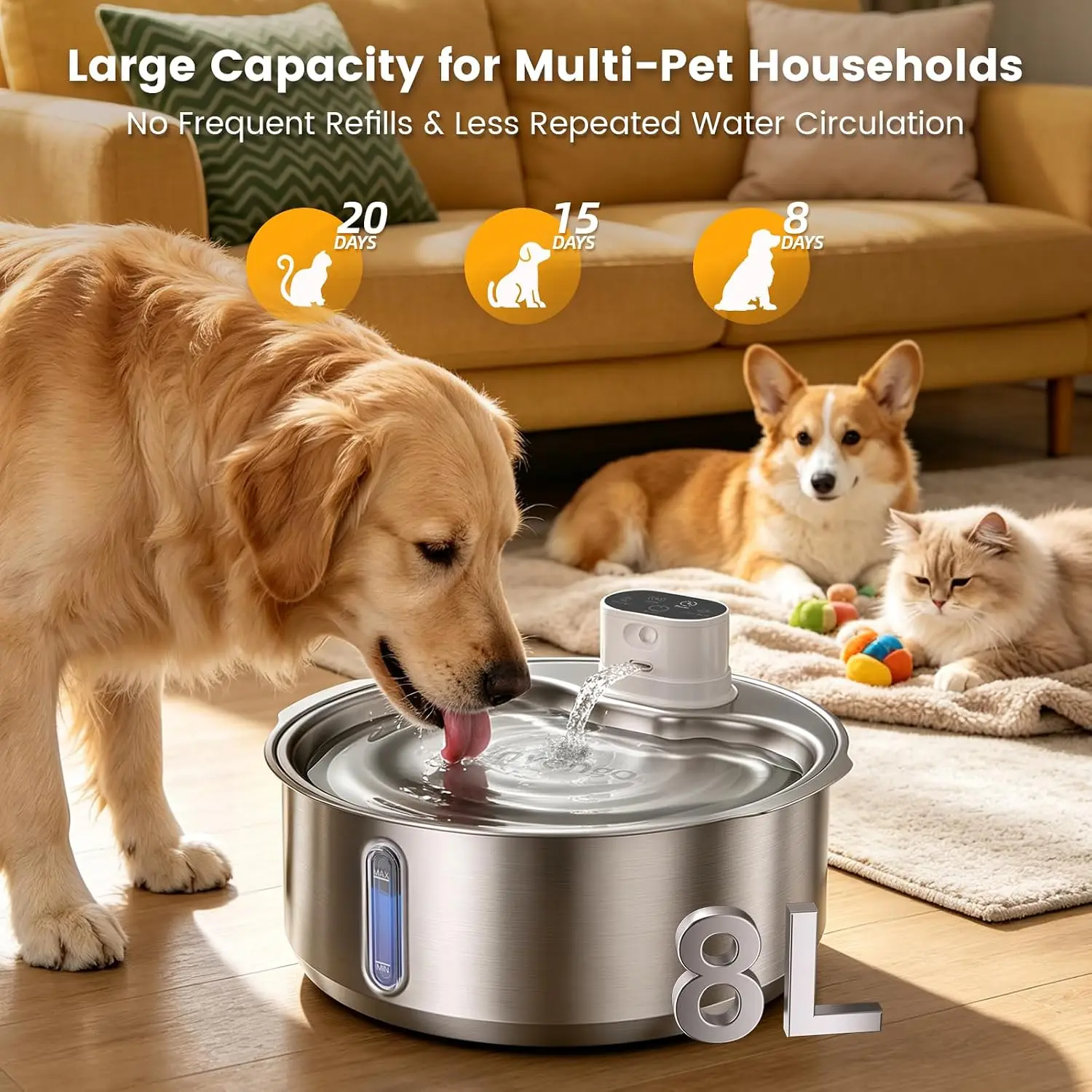 8L/270oz Cordless Stainless Steel Dog Water Fountain, 8 Filters | 5000mAh Wireless 45-Day Standby, Infrared Sensing 1.2m / 120°