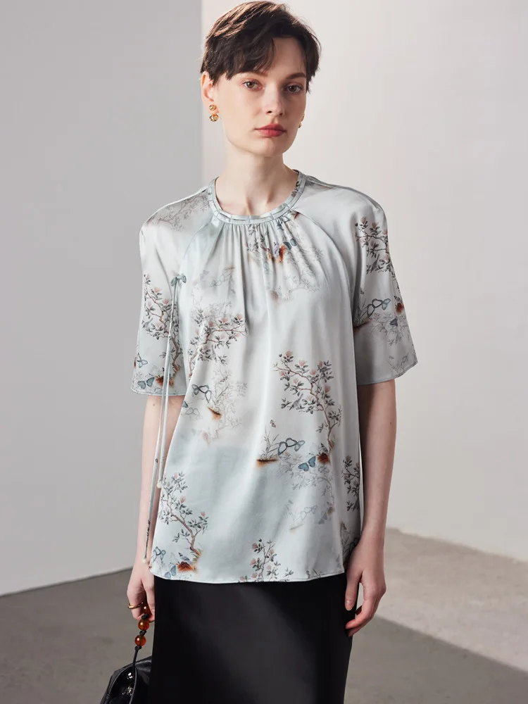 SuyaDream, damskie bluzki w kwiaty, 90% jedwab 10% spandex, okrągły dekolt, letnie koszule w stylu vintage, elegancki top na wiosnę i jesień 2025, żółty