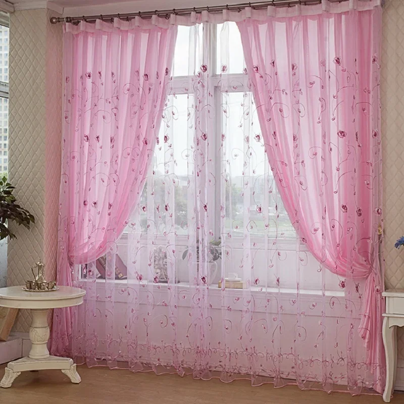 European Window Purple Rose Embroidered Bedroom Curtains Floral Sheer Voile Romantic Pink Living Room Curtians Tulle 256&30