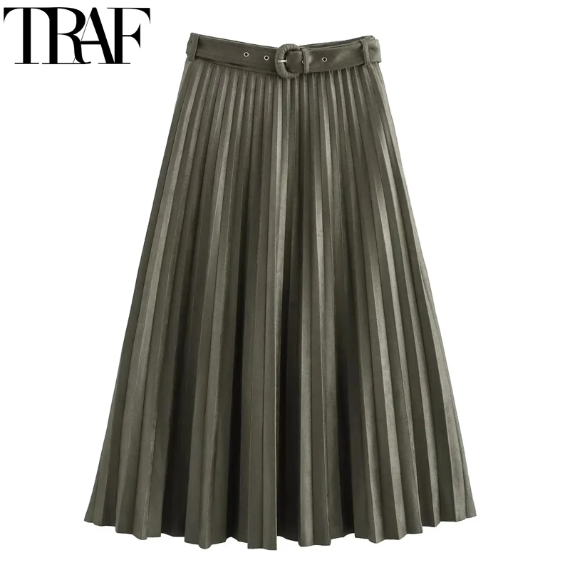 

TRAF Pleated Long Skirt Woman Faux Suede Solid Skirts For Women Vintage Autumn Belt Midi Skirt High Waist Elegant Female Skirts