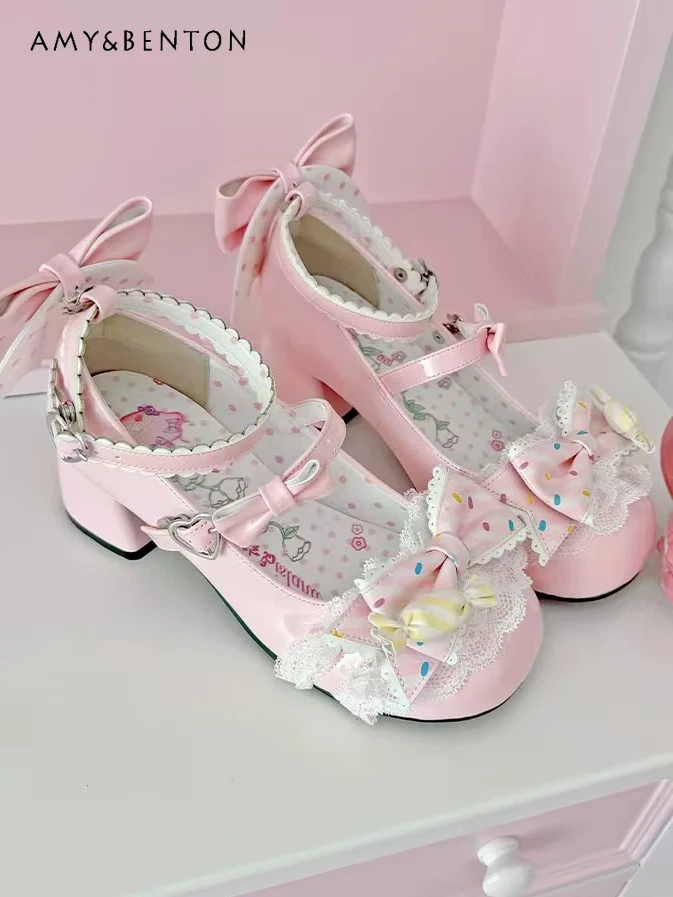 

Оригинальные туфли Kawaii Bunny: милые туфли Мэри Джейн на среднем каблуке для девочек в стиле Лолита, с круглым носком, универсальные, с милым бантом в горошек, из искусственной кожи