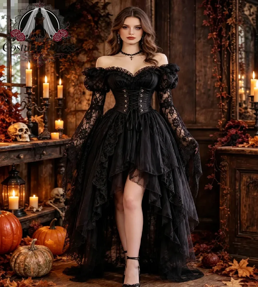 Gothic Victorian Hi Low Evening Dress 2027 Off Shoulder Lace Long Sleeve Short Halloween Prom Gowns Cosplay Tiered Tulle Party
