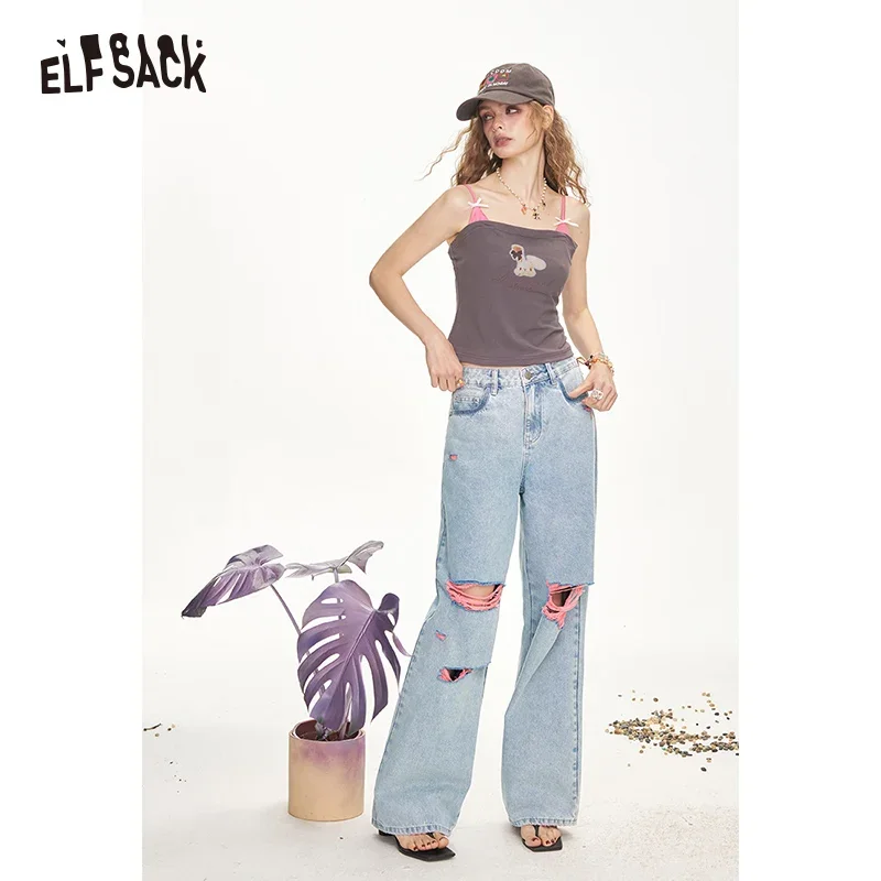 ELFSACK 2025 Summer Broken Hole Casual Wide Leg Loose Denim Pants For Women