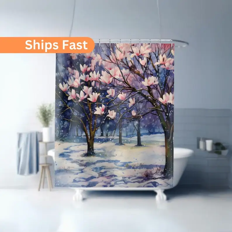 

Winter Magnolia Shower Curtain: Snowy Floral Bath Decor