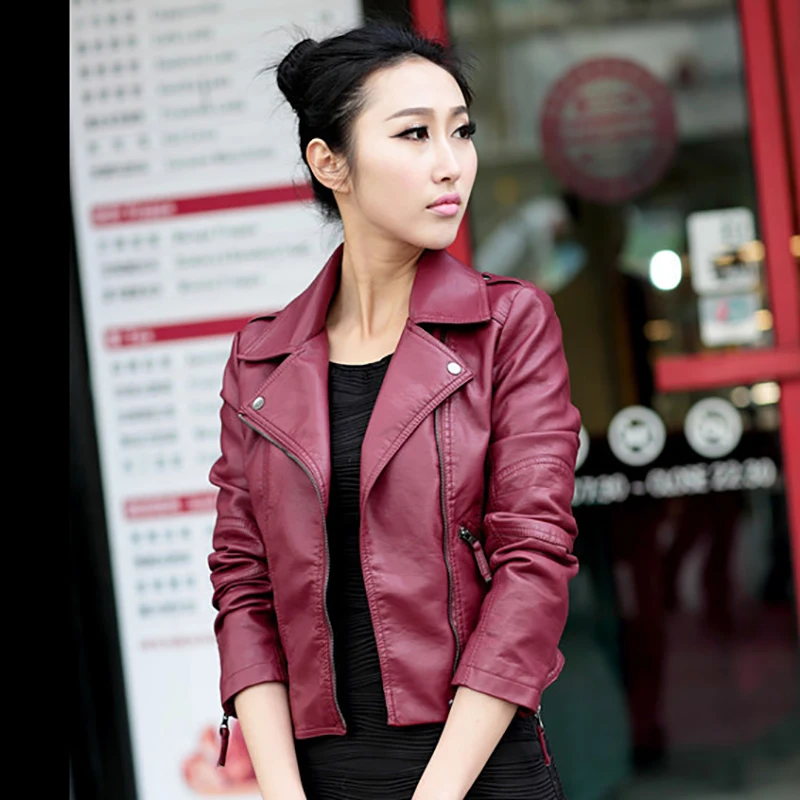 Blouson en similicuir femme, court et slim, en PU, rouge et noir, pour motard, style coréen, XS ~ 4XL, printemps automne 2023