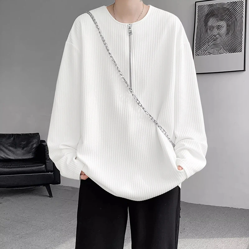 INCERUN الرجال تي شيرت بلون س الرقبة سحاب أكمام طويلة محبوك الذكور المحملة القمم الشارع الشهير موضة ملابس الرجال غير رسمية S-5XL