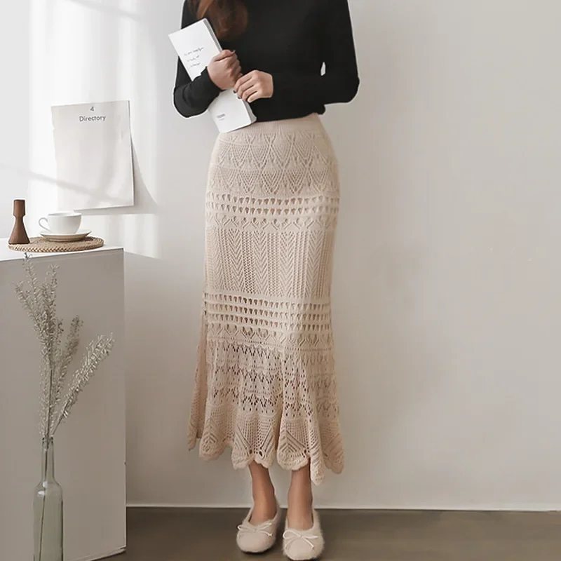 Summer Women's Plus Size Skirt Knitted Hollow Ladies Long Skirt High Waist Crochet Street Casual Women's Skirt