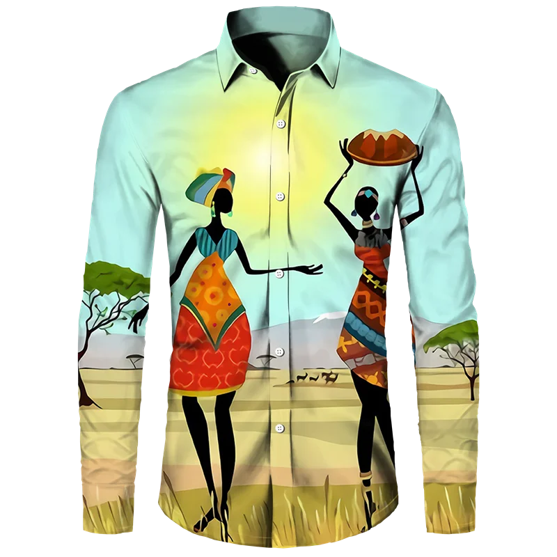 African Ethnic Pattern Hawaiian Shirts For Men Retro Drum 3D Printed Blouse Autumn Fashion Casual Loose Aloha Shirts Long Sleeve