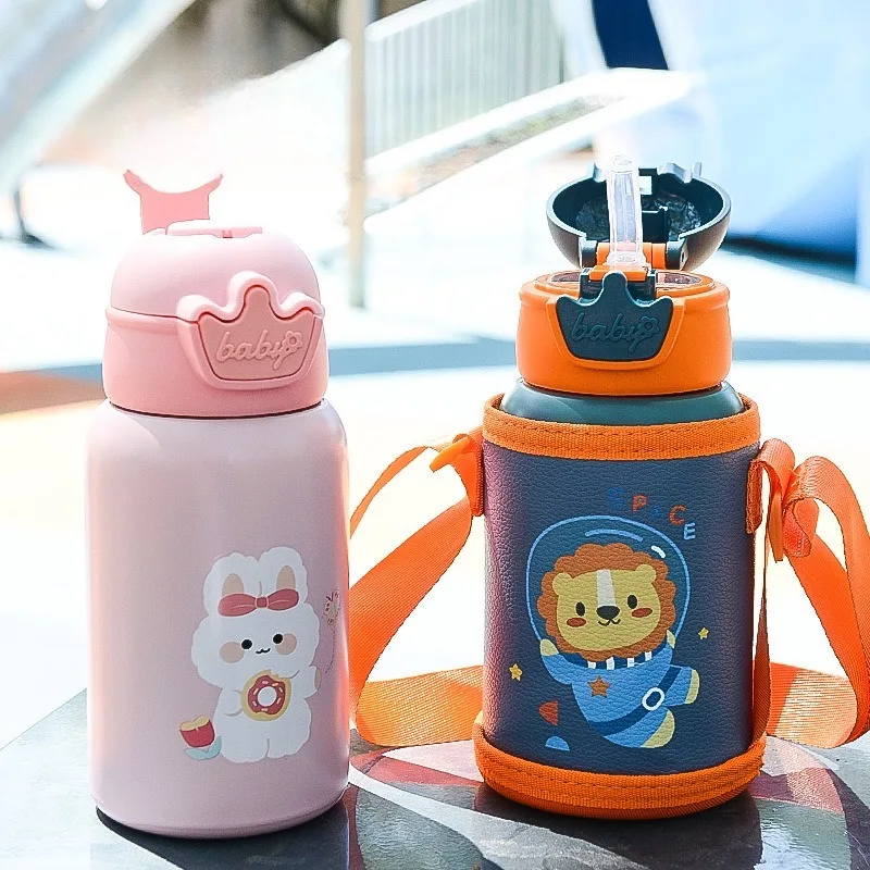 Bouteille Thermos pour enfants de 480ml, jolie bouteille d'eau thermique pour enfants avec paille, tasse Thermos en acier inoxydable pour enfants, tasse d'eau Portable