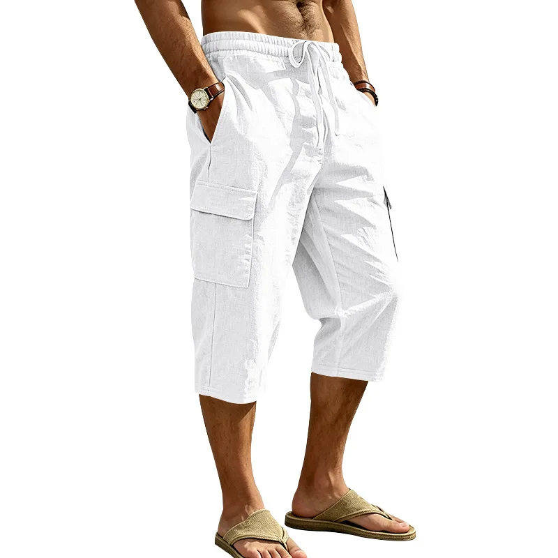 Europäische und amerikanische Sommer-Shorts aus Leinen für Herren, lässig, Outdoor, Arbeitskleidung, Pendler, Sport, Multi-Pocket, 7/8-Länge – Detail 3