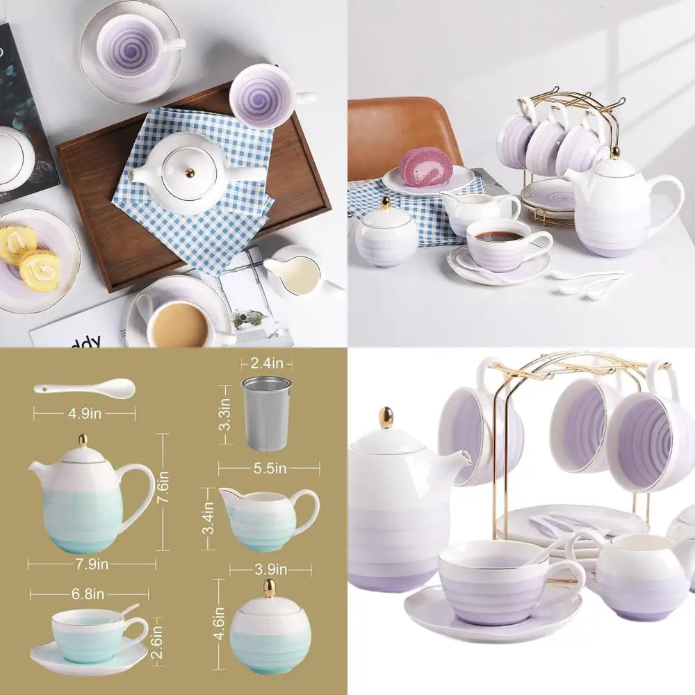 

Purple Porcelain 8oz Tea Set for 4 with Teapot, Sugar Bowl, Creamer, Teaspoons, and Tea Strainer for Adult Tea and Coffee Partie