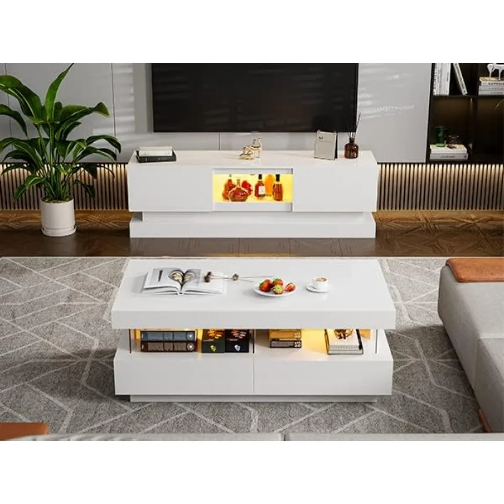 High Gloss Coffee Table, 43.3 “W with 2 Storage Drawers and Acrylic Design Open Space, 16 Color LED Lights, Center Table