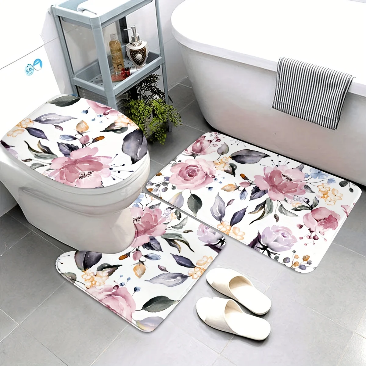 

Набор для ванной комнаты с цветочным принтом из 3 предметов, розовая роза и бабочка, нескользящий коврик, U-образный коврик, коврик для унитаза, полиэфирная ткань