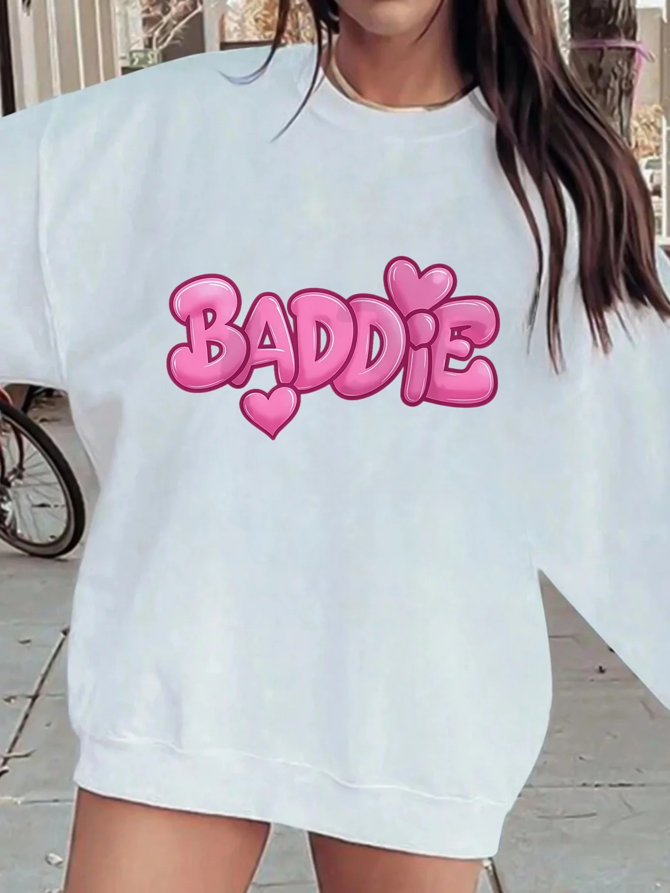 Baddie and Pink Heart Pattern, Women's Fashion Round Neck Hoodie