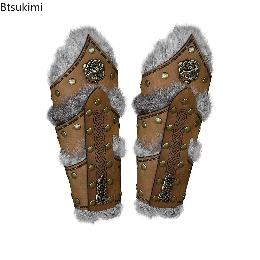 

PU Leather Gauntlet Medieval Viking Knight Armor Arm Warmers Velvet Furry Fur Trim Bracer Wristband Anime Cosplay Costume Props