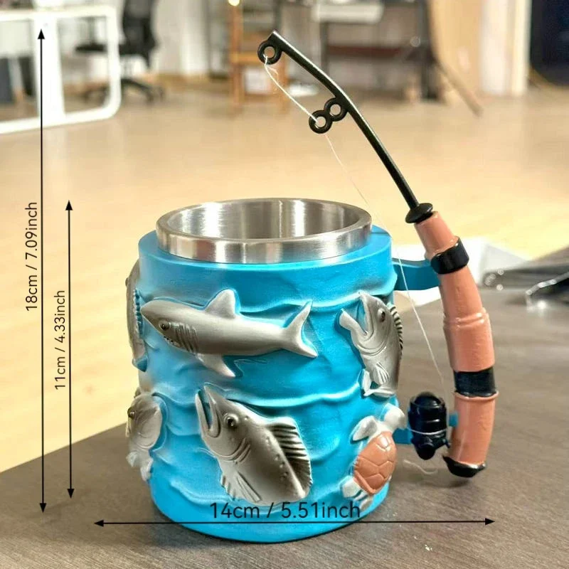 3D Embossed Fishing Theme Coffee Mug Resin Stainless Steel Creative Beer Mug For Men Fishing Lovers Father's Day Christmas Gift