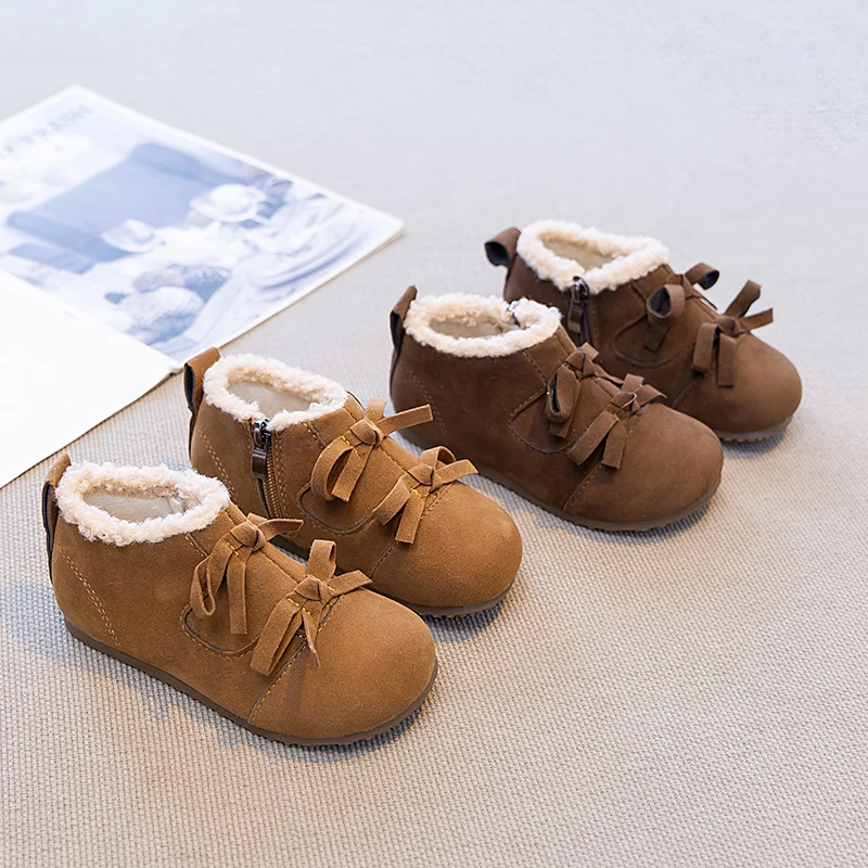 

Kids Casual Shoes with Double Bows Sweet Girls Princess Shoes Side Zipper 2025 Winter New Children Flat Shoes Soft Sole Non-slip