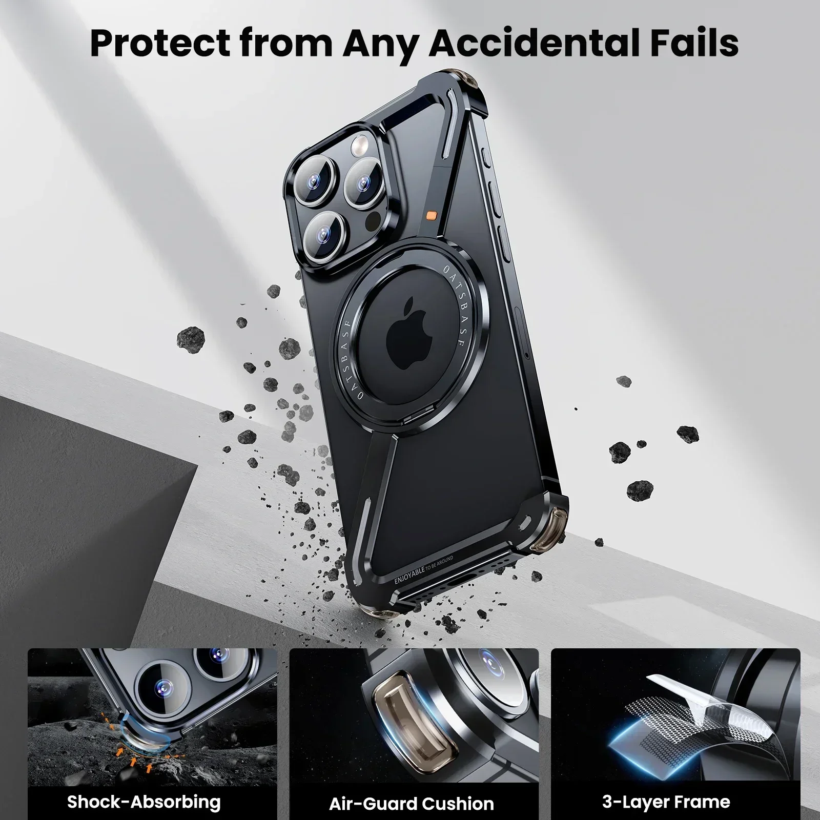 Oatsbasf Z Shape Metal Magsafe Phone Case for iPhone 15 /16 Pro Max Phone Protective Cover Shockproof Bumper w/ Magnetic Ring - view 4